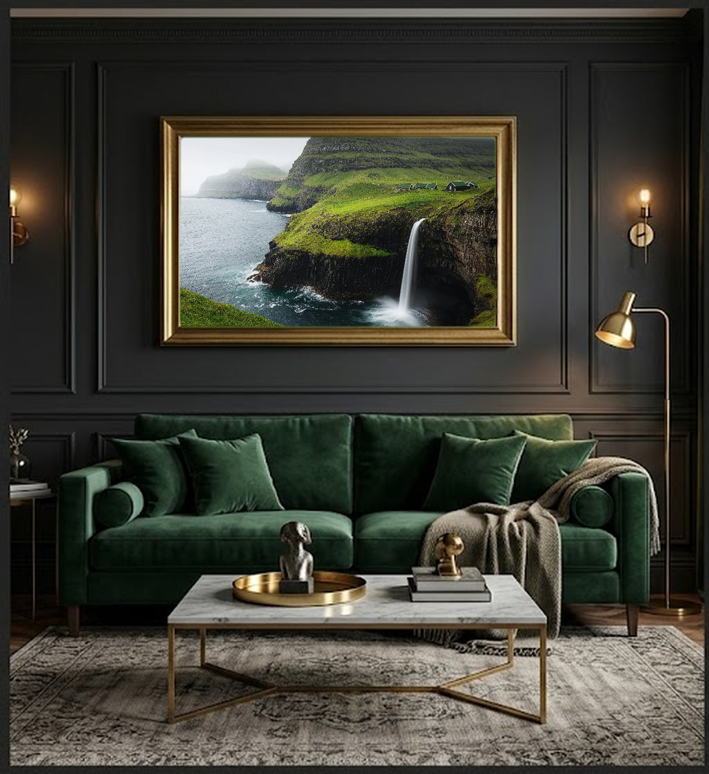 Faroe Islands Canvas Wall Art | Mulafossur Waterfall Print, North Atlantic Decor, Dramatic Landscape, Stretched Canvas — faroe-islands-office-wall-art.jpg