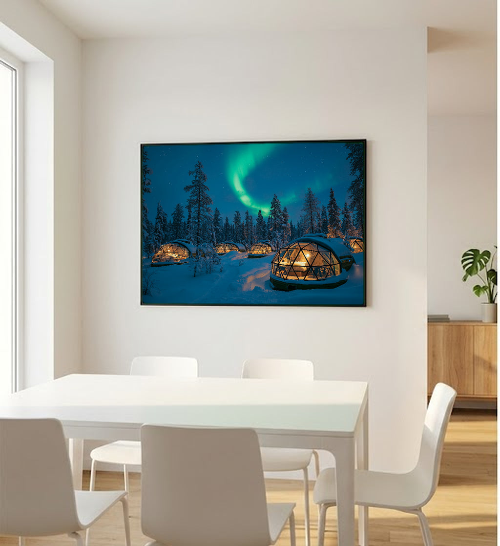 Finland Glass Igloos Canvas Wall Art | Aurora Borealis Print, Arctic Landscape, Nordic Decor, Stretched Canvas — finland-igloos-aurora-bedroom-wall-art.jpg