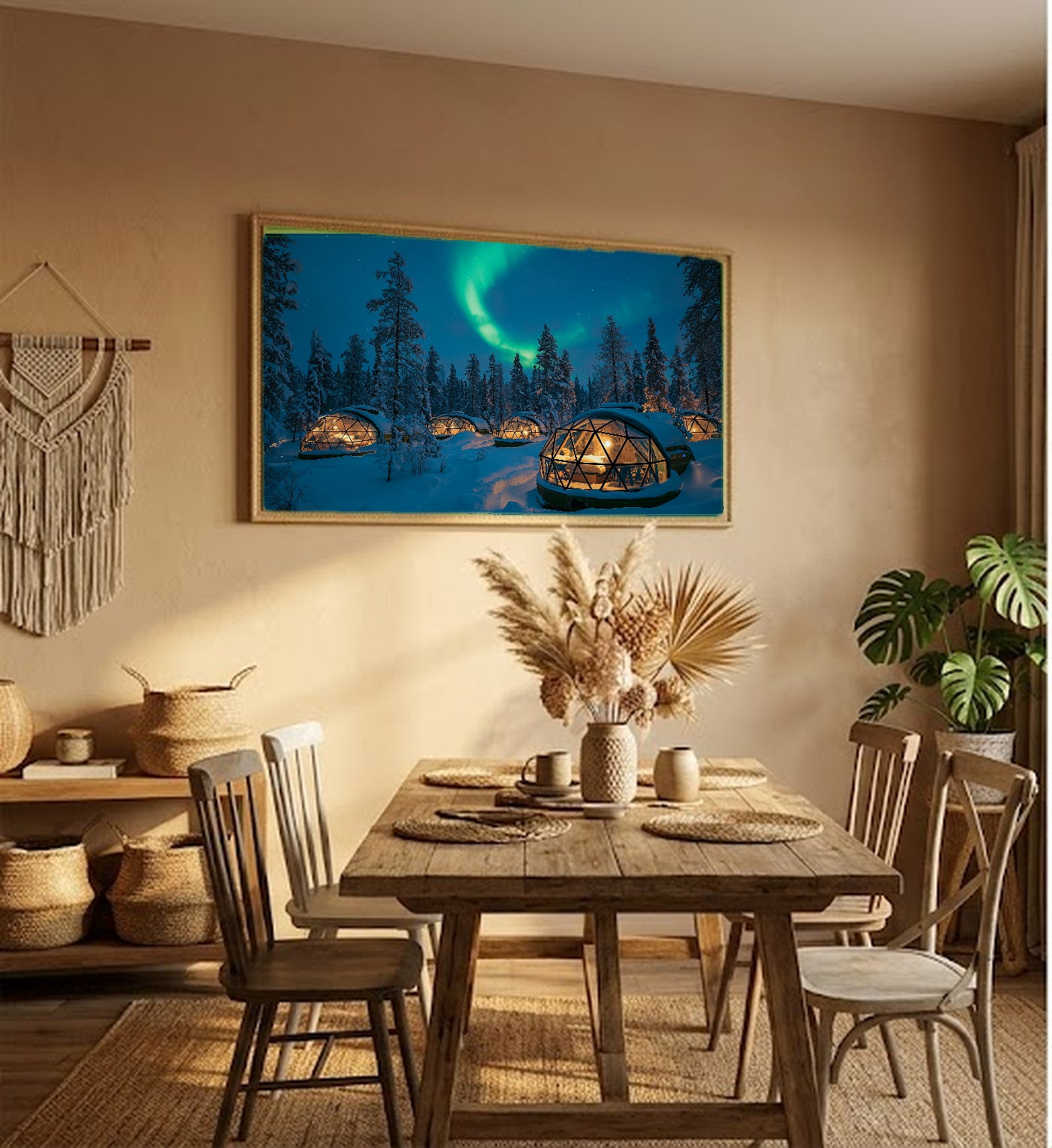 Finland Glass Igloos Canvas Wall Art | Aurora Borealis Print, Arctic Landscape, Nordic Decor, Stretched Canvas — finland-igloos-aurora-hallway-wall-art.jpg