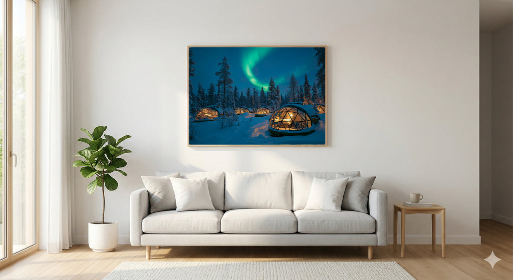Finland Glass Igloos Canvas Wall Art | Aurora Borealis Print, Arctic Landscape, Nordic Decor, Stretched Canvas — finland-igloos-aurora-living-room-wall-art.jpg