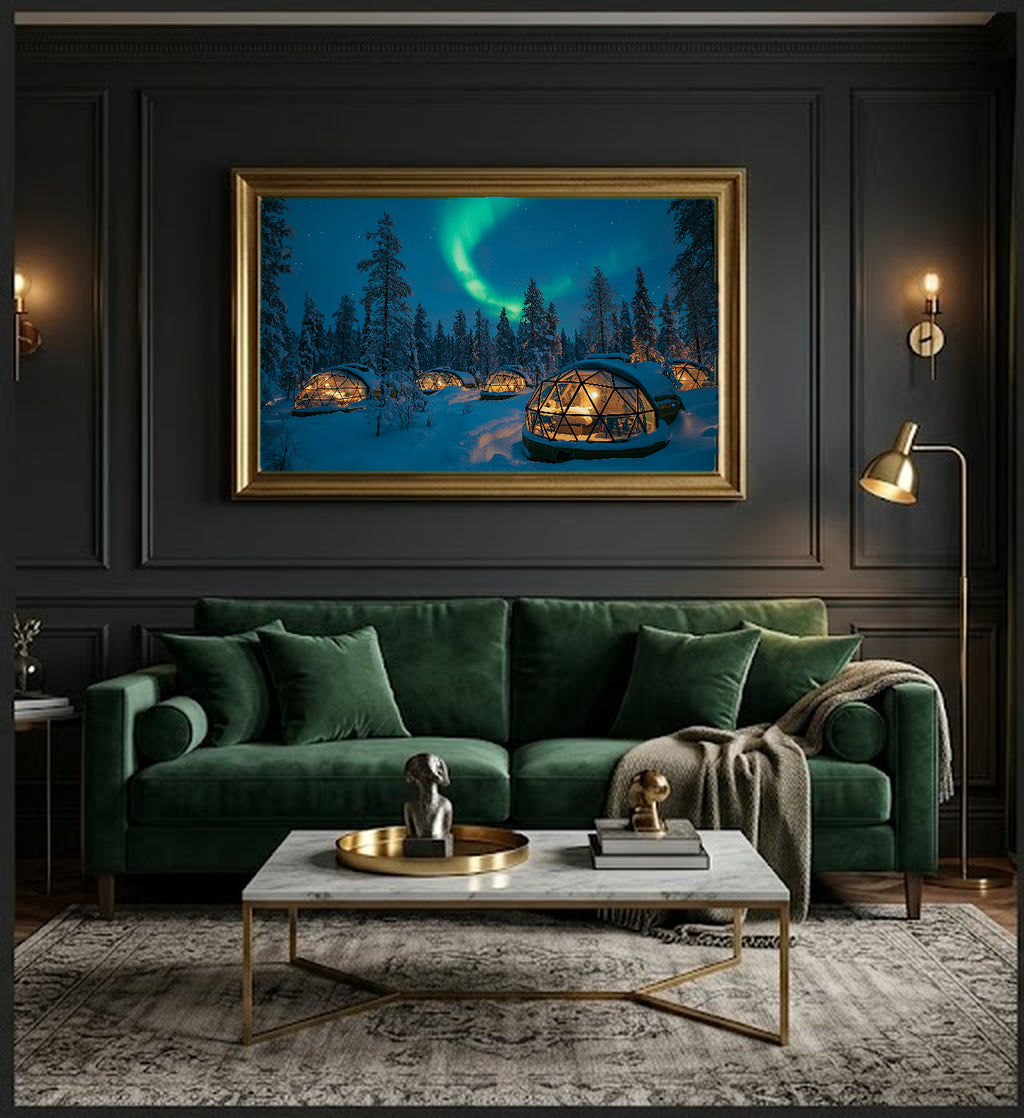 Finland Glass Igloos Canvas Wall Art | Aurora Borealis Print, Arctic Landscape, Nordic Decor, Stretched Canvas — finland-igloos-aurora-office-wall-art.jpg