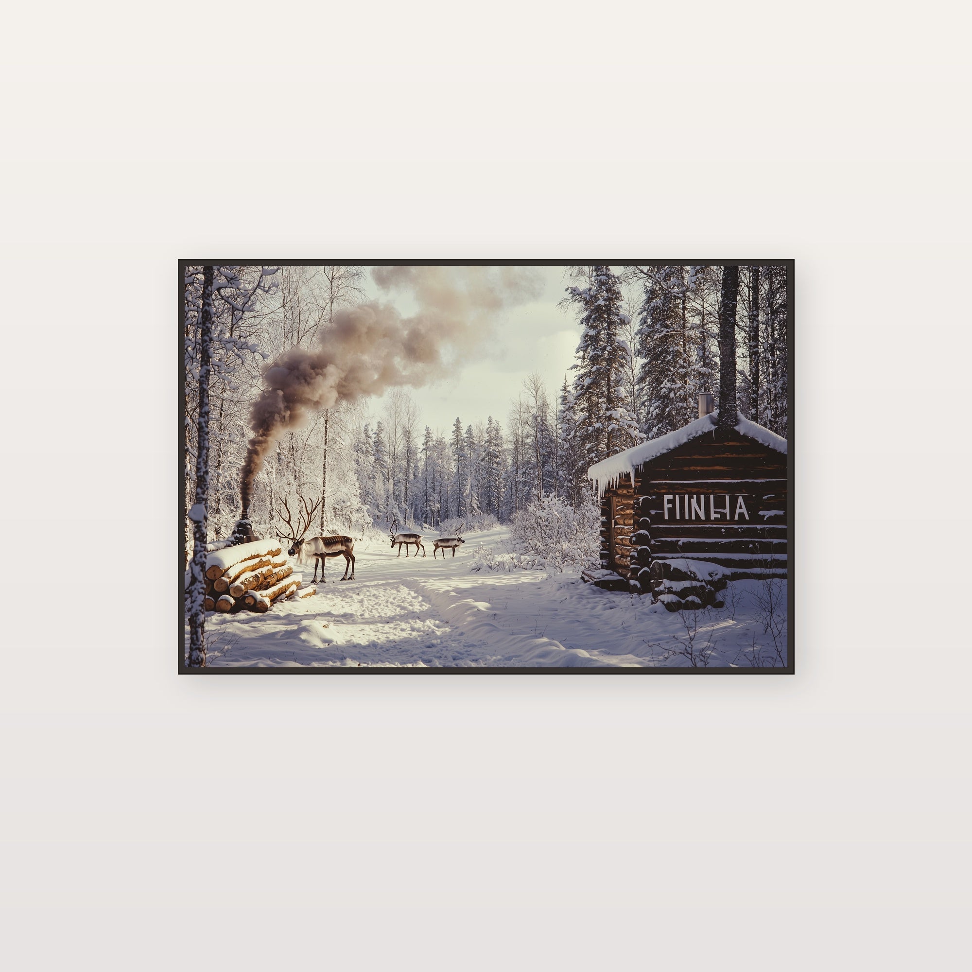 Finland Canvas Wall Art | Reindeer Sauna Vintage Poster Print, Nordic Decor, Stretched Canvas — finland-reindeer-sauna-poster-canvas-print.jpg