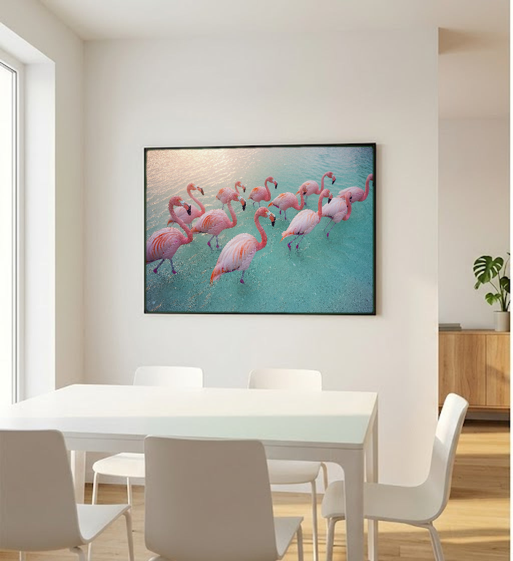 Flamingo Flock Canvas Wall Art | Sunrise Abstract Print, Tropical Coastal Decor, Stretched Canvas — flamingo-flock-sunrise-bedroom-wall-art.jpg