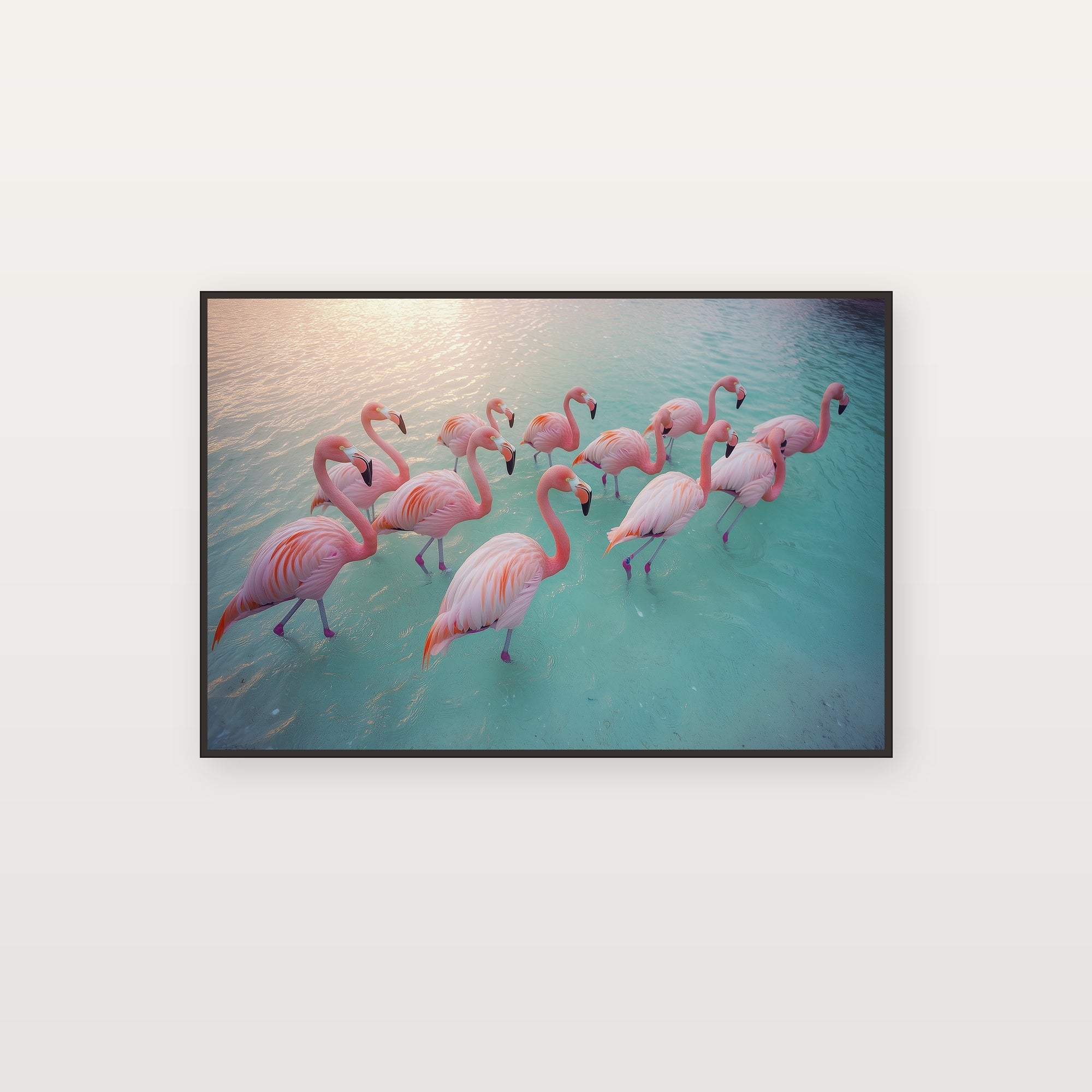 Flamingo Flock Canvas Wall Art | Sunrise Abstract Print, Tropical Coastal Decor, Stretched Canvas — flamingo-flock-sunrise-canvas-print.jpg
