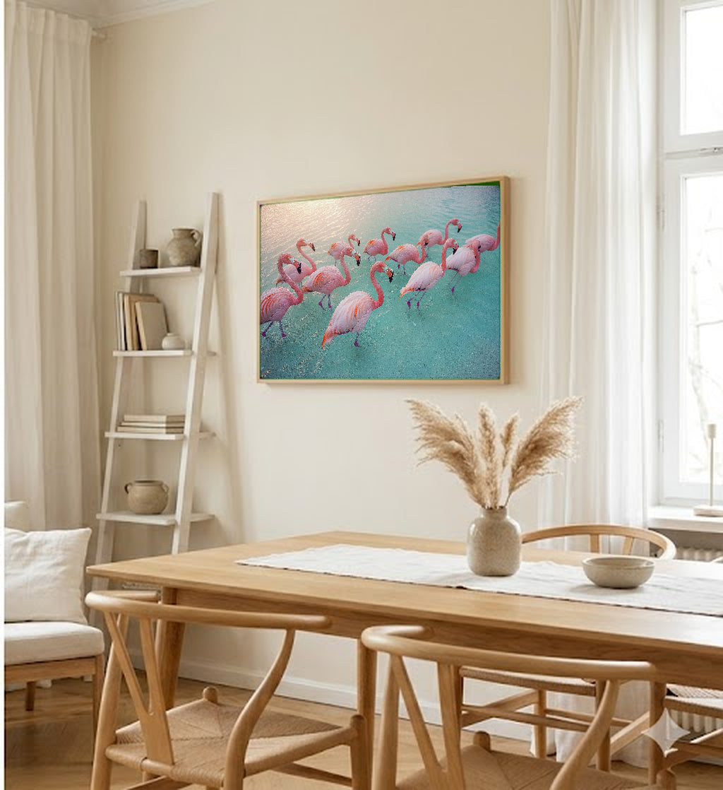 Flamingo Flock Canvas Wall Art | Sunrise Abstract Print, Tropical Coastal Decor, Stretched Canvas — flamingo-flock-sunrise-dining-room-wall-art.jpg