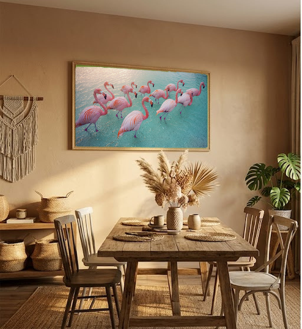 Flamingo Flock Canvas Wall Art | Sunrise Abstract Print, Tropical Coastal Decor, Stretched Canvas — flamingo-flock-sunrise-hallway-wall-art.jpg
