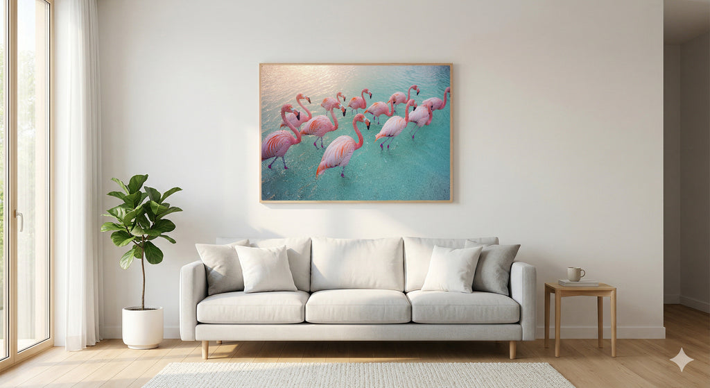 Flamingo Flock Canvas Wall Art | Sunrise Abstract Print, Tropical Coastal Decor, Stretched Canvas — flamingo-flock-sunrise-living-room-wall-art.jpg