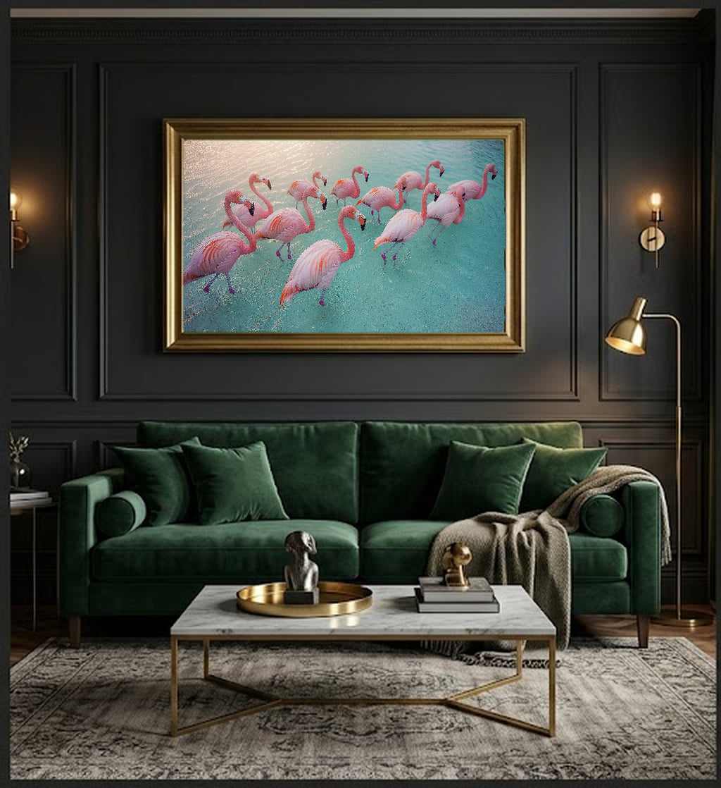 Flamingo Flock Canvas Wall Art | Sunrise Abstract Print, Tropical Coastal Decor, Stretched Canvas — flamingo-flock-sunrise-office-wall-art.jpg