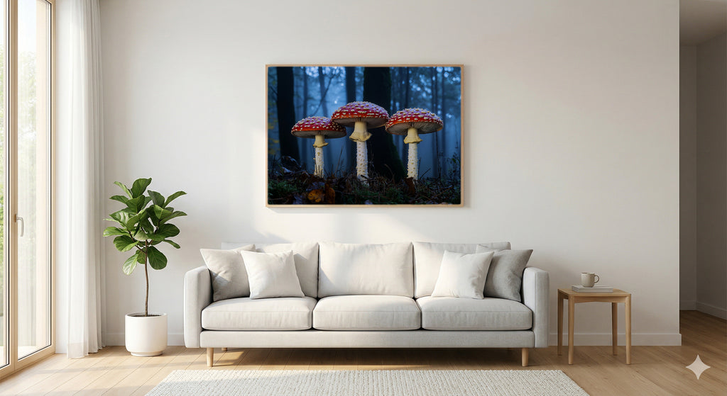 Fly Agaric Trio Canvas Wall Art | Moonlit Forest Print, Gothic Floral Decor, Stretched Canvas — fly-agaric-trio-moonlight-living-room-wall-art.jpg