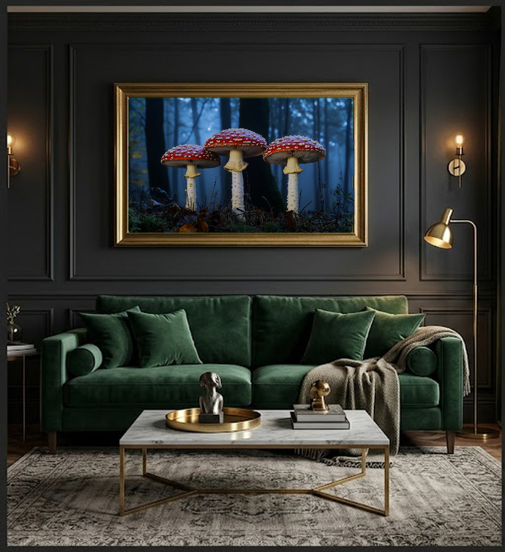 Fly Agaric Trio Canvas Wall Art | Moonlit Forest Print, Gothic Floral Decor, Stretched Canvas — fly-agaric-trio-moonlight-office-wall-art.jpg