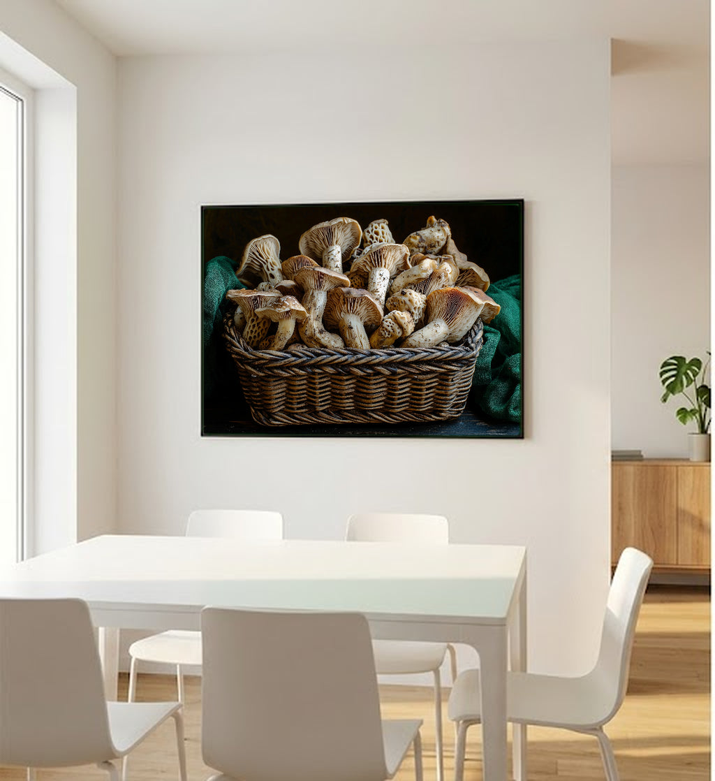 Foraged Mushroom Still Life Canvas Wall Art | Dutch Master Style Print, Moody Kitchen Decor, Stretched Canvas — foraged-mushroom-still-life-basket-bedroom-wall-art.jpg