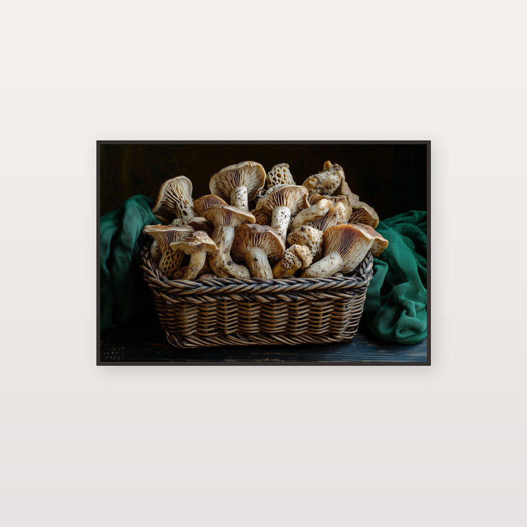 Foraged Mushroom Still Life Canvas Wall Art | Dutch Master Style Print, Moody Kitchen Decor, Stretched Canvas — foraged-mushroom-still-life-basket-canvas-print.jpg