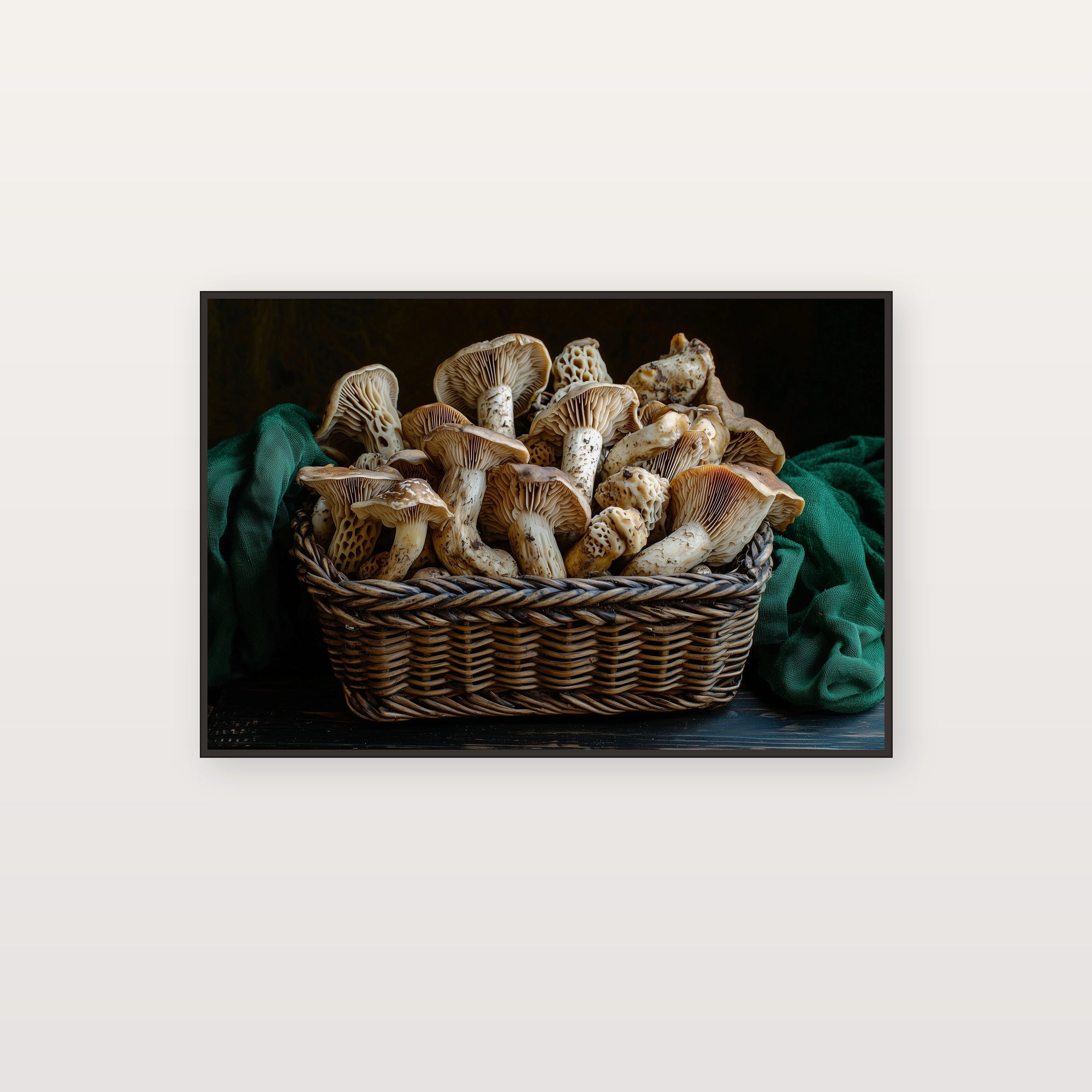 Foraged Mushroom Still Life Canvas Wall Art | Dutch Master Style Print, Moody Kitchen Decor, Stretched Canvas — foraged-mushroom-still-life-basket-canvas-print.jpg