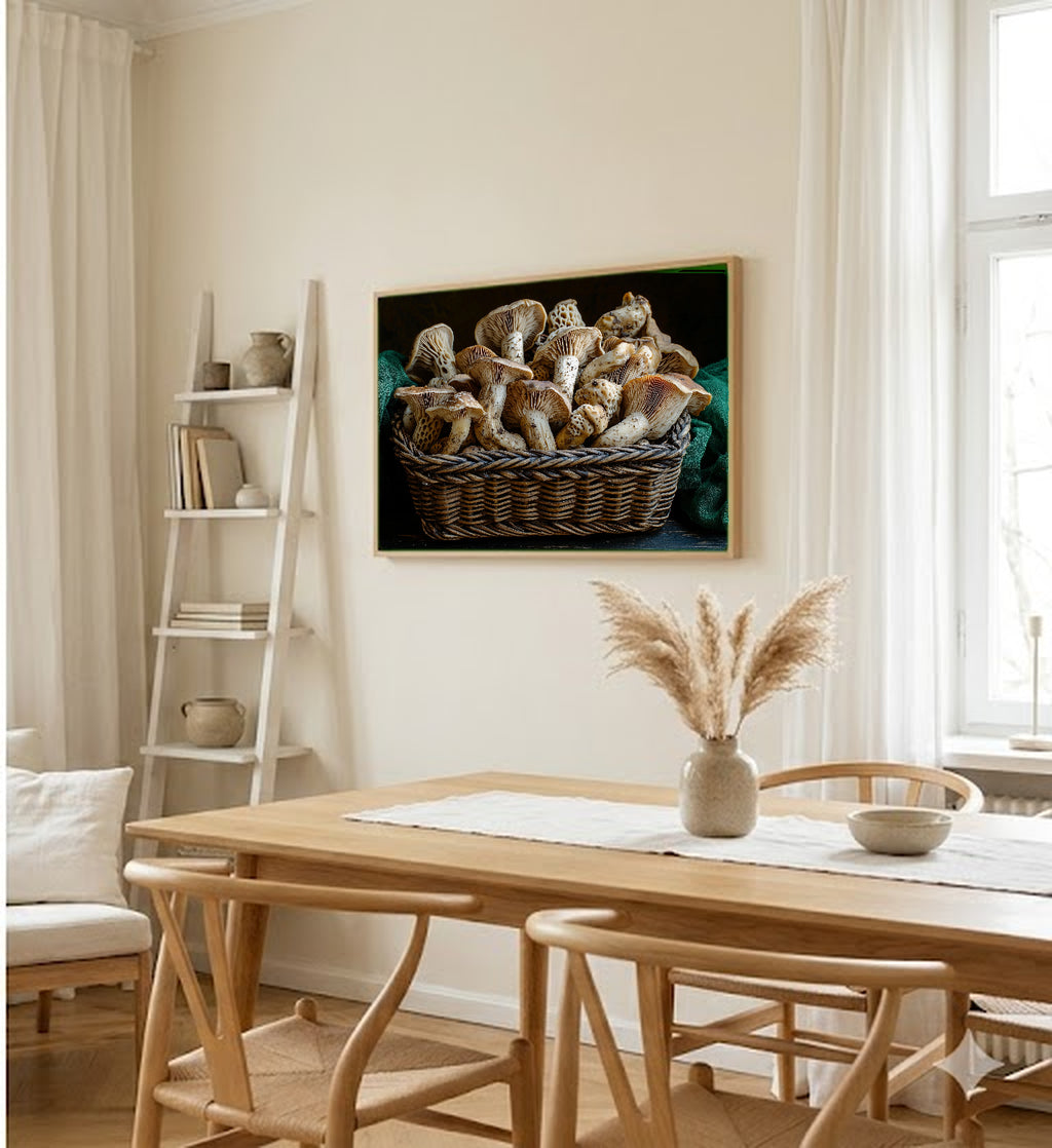 Foraged Mushroom Still Life Canvas Wall Art | Dutch Master Style Print, Moody Kitchen Decor, Stretched Canvas — foraged-mushroom-still-life-basket-dining-room-wall-art.jpg