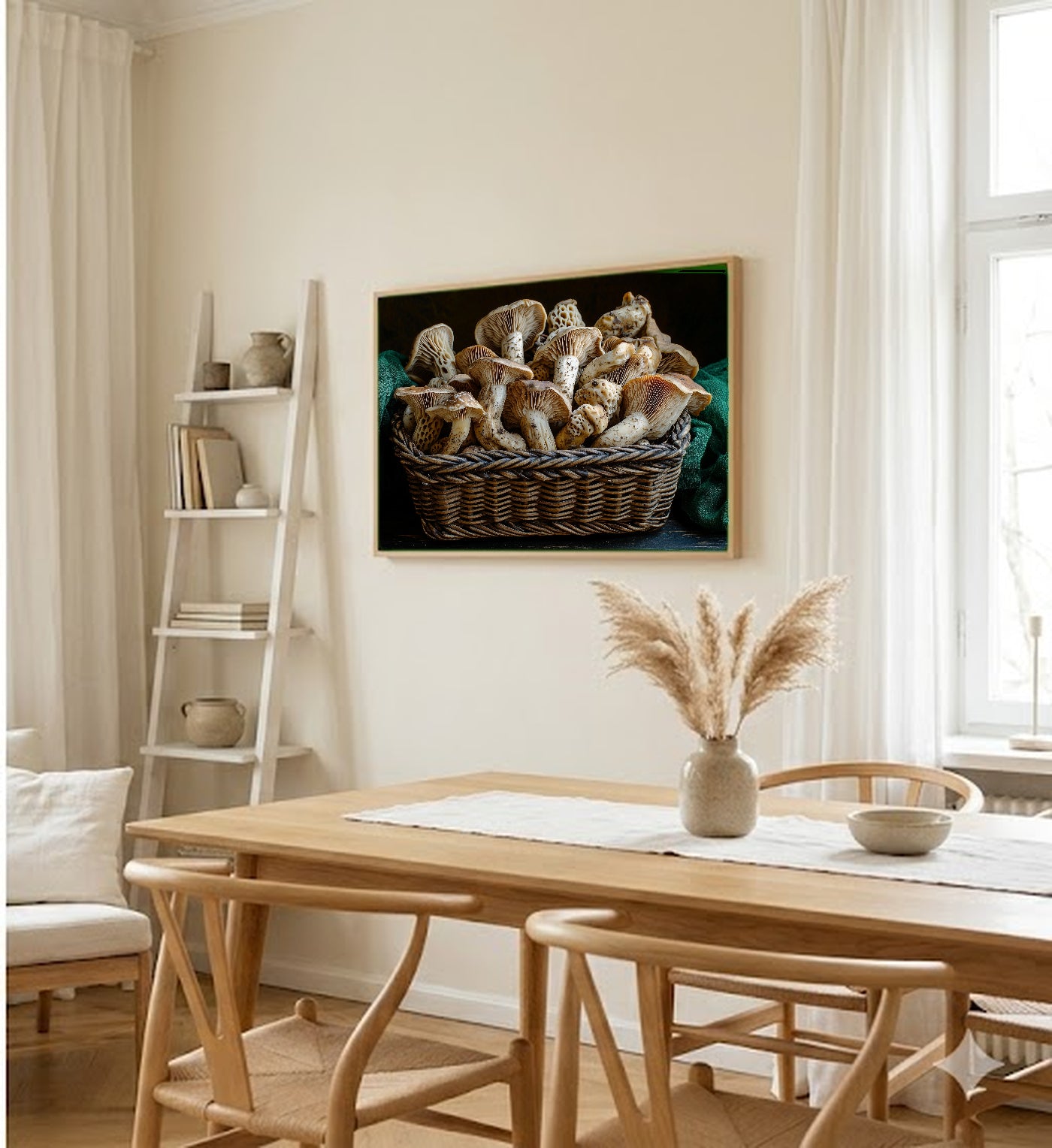 Foraged Mushroom Still Life Canvas Wall Art | Dutch Master Style Print, Moody Kitchen Decor, Stretched Canvas — foraged-mushroom-still-life-basket-dining-room-wall-art.jpg