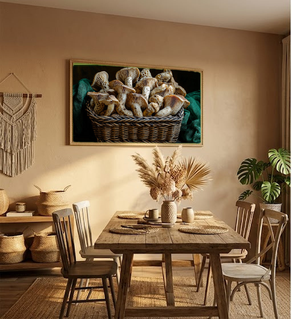 Foraged Mushroom Still Life Canvas Wall Art | Dutch Master Style Print, Moody Kitchen Decor, Stretched Canvas — foraged-mushroom-still-life-basket-hallway-wall-art.jpg