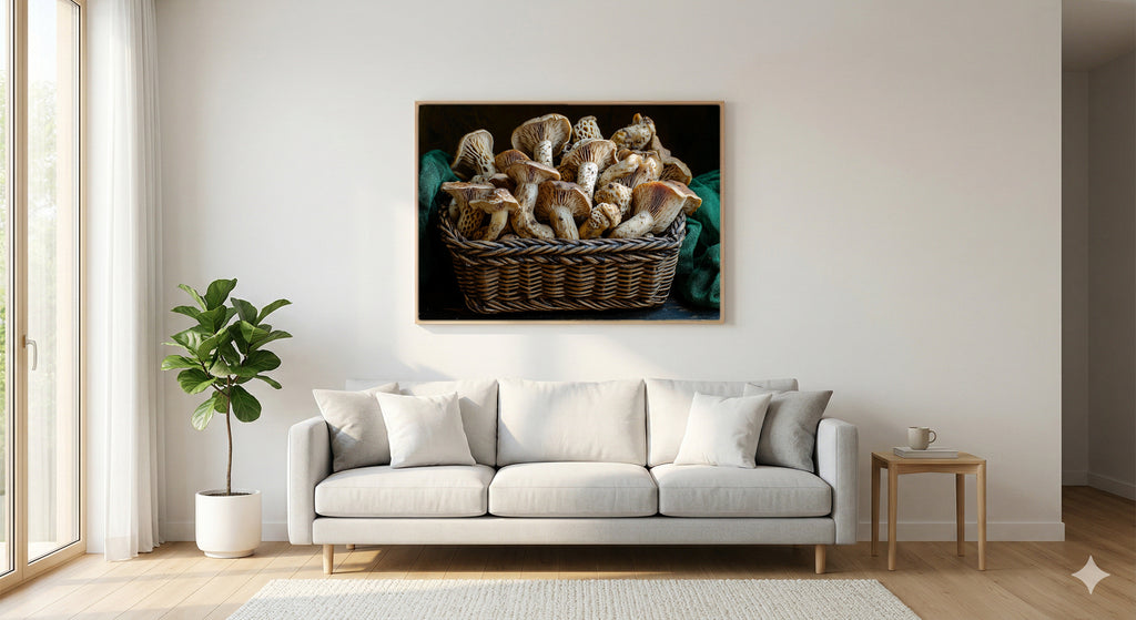 Foraged Mushroom Still Life Canvas Wall Art | Dutch Master Style Print, Moody Kitchen Decor, Stretched Canvas — foraged-mushroom-still-life-basket-living-room-wall-art.jpg
