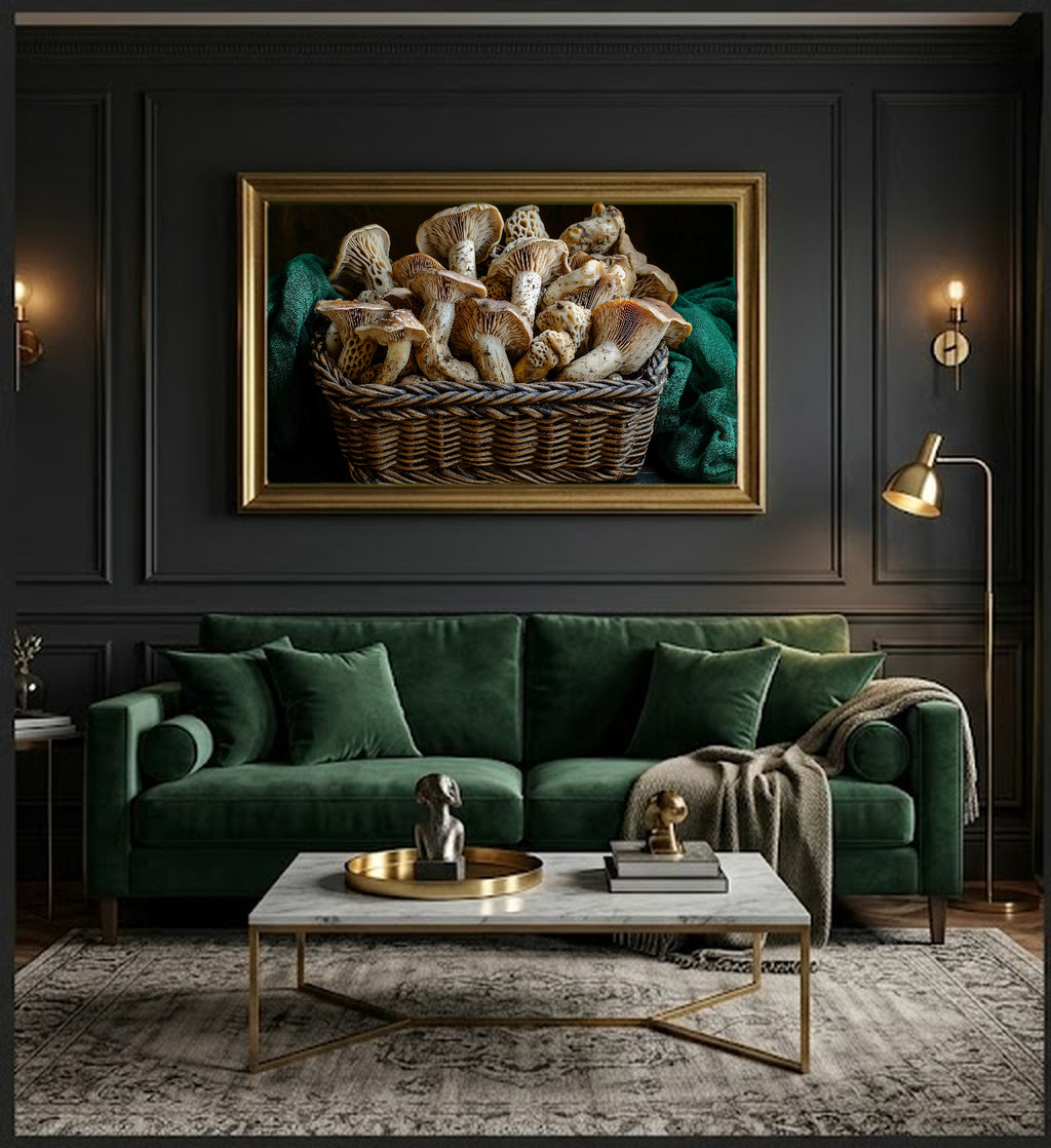 Foraged Mushroom Still Life Canvas Wall Art | Dutch Master Style Print, Moody Kitchen Decor, Stretched Canvas — foraged-mushroom-still-life-basket-office-wall-art.jpg