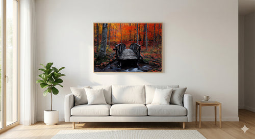 Autumn Forest Bridge Canvas Wall Art | Fall Colors Print, Woodland Decor, Seasonal Art, Stretched Canvas — forest-autumn-bridge-living-room-wall-art.jpg