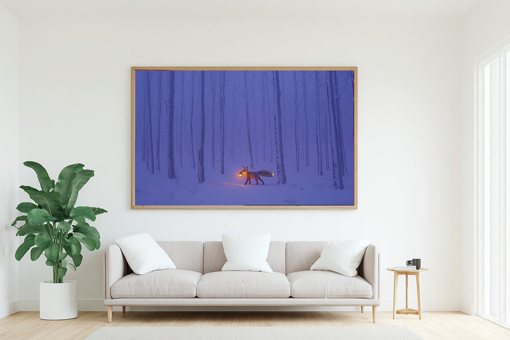 Fox Lantern Snow Night Canvas Wall Art, Moody Pine Forest Art, Bedroom Wall Decor, Move-In Gift Idea — fox-lantern-snow-night-living-room-wall-art.jpg