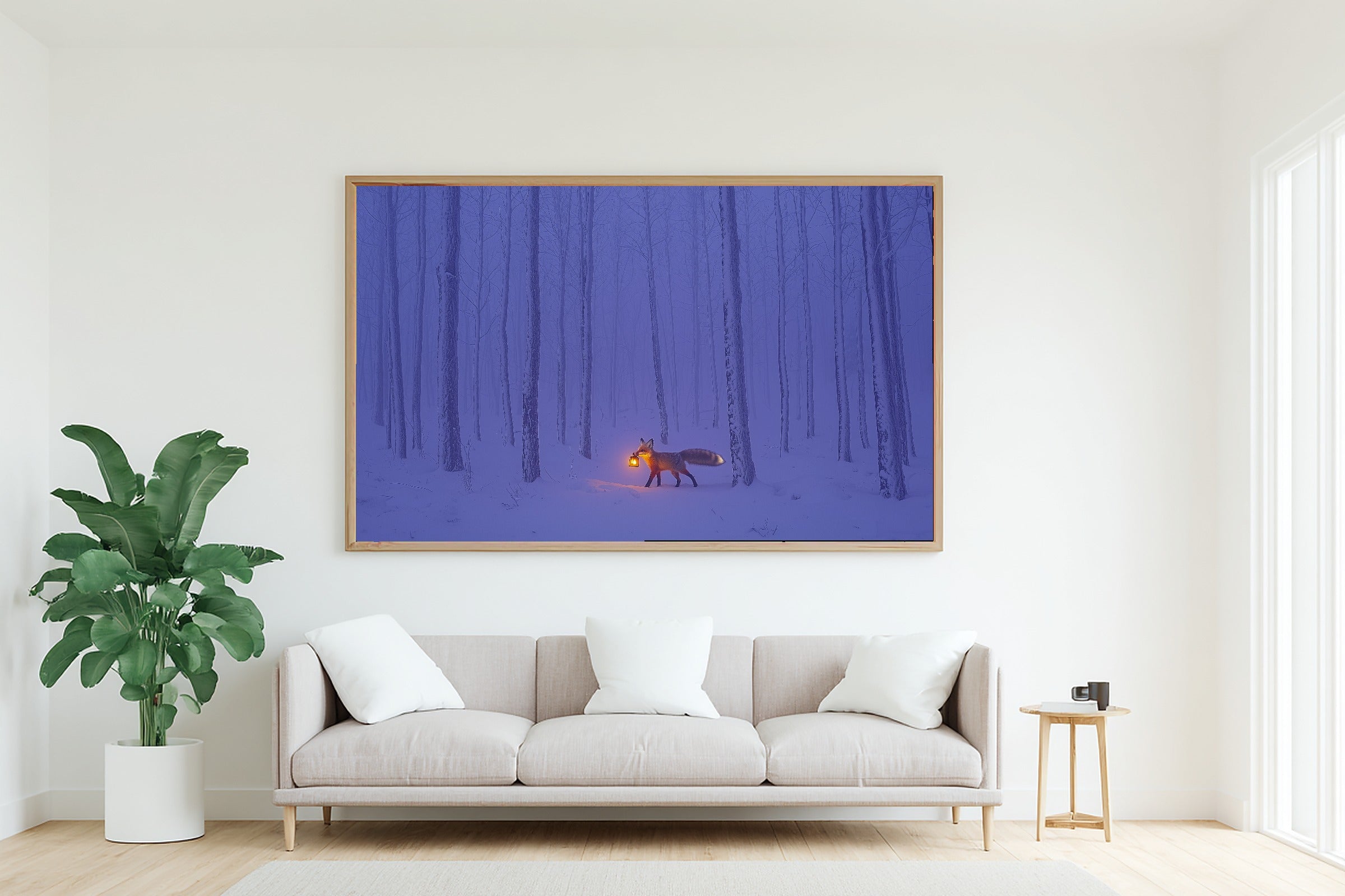 Fox Lantern Snow Night Canvas Wall Art, Moody Pine Forest Art, Bedroom Wall Decor, Move-In Gift Idea — fox-lantern-snow-night-living-room-wall-art.jpg