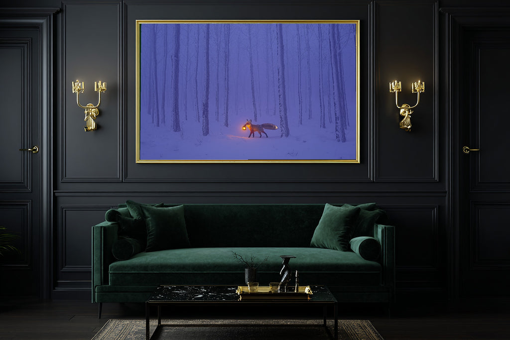 Fox Lantern Snow Night Canvas Wall Art, Moody Pine Forest Art, Bedroom Wall Decor, Move-In Gift Idea — fox-lantern-snow-night-office-wall-art.jpg