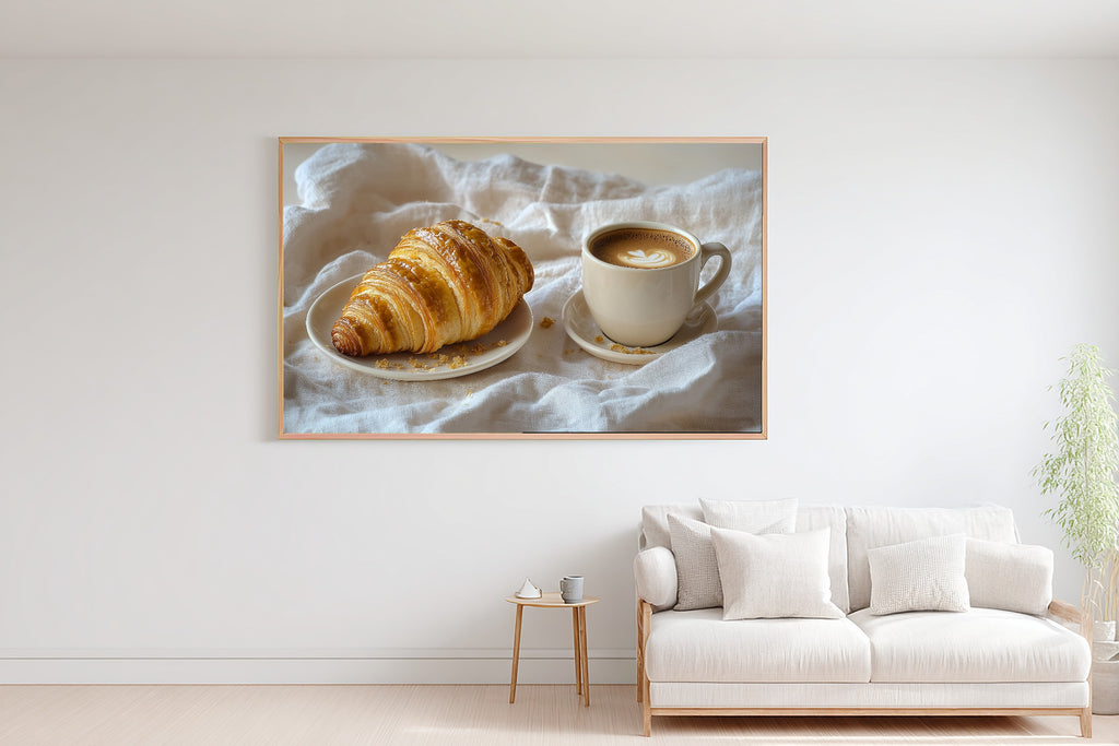 Fresh Croissant Cream Saucer Fine Art Canvas, Soft Painterly Print, Warm Soulful Tones Artwork, Meaningful Gift for Art Lovers — fresh-croissant-cream-saucer-bedroom-wall-art.jpg