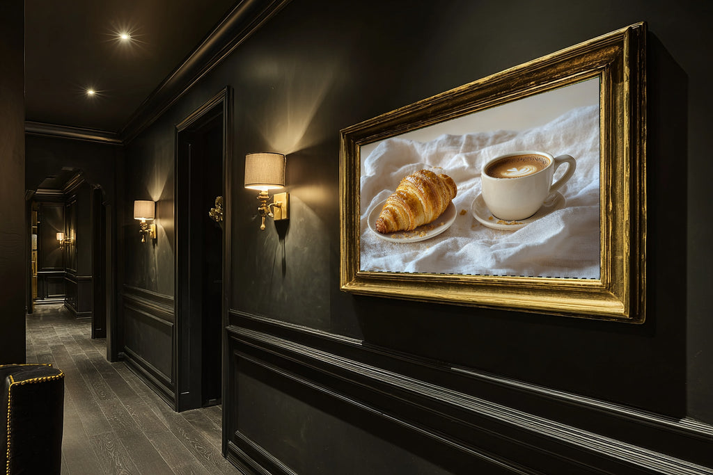 Fresh Croissant Cream Saucer Fine Art Canvas, Soft Painterly Print, Warm Soulful Tones Artwork, Meaningful Gift for Art Lovers — fresh-croissant-cream-saucer-hallway-wall-art.jpg