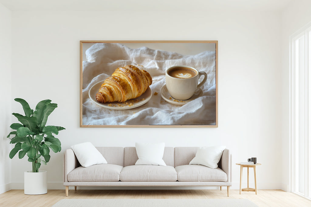Fresh Croissant Cream Saucer Fine Art Canvas, Soft Painterly Print, Warm Soulful Tones Artwork, Meaningful Gift for Art Lovers — fresh-croissant-cream-saucer-living-room-wall-art.jpg