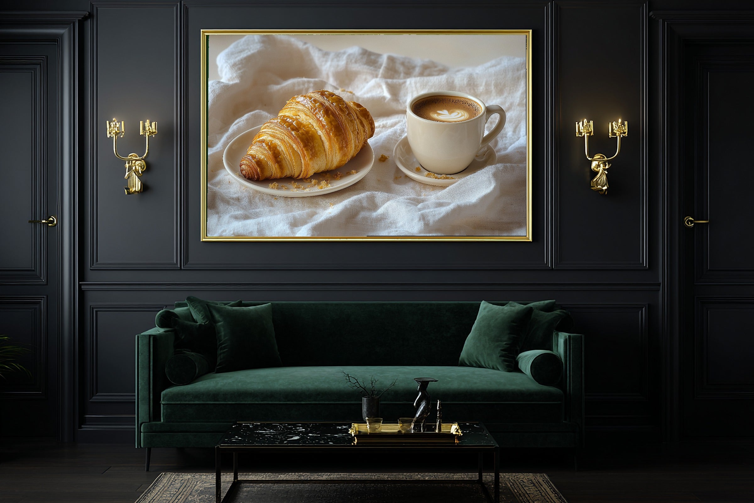 Fresh Croissant Cream Saucer Fine Art Canvas, Soft Painterly Print, Warm Soulful Tones Artwork, Meaningful Gift for Art Lovers — fresh-croissant-cream-saucer-office-wall-art.jpg