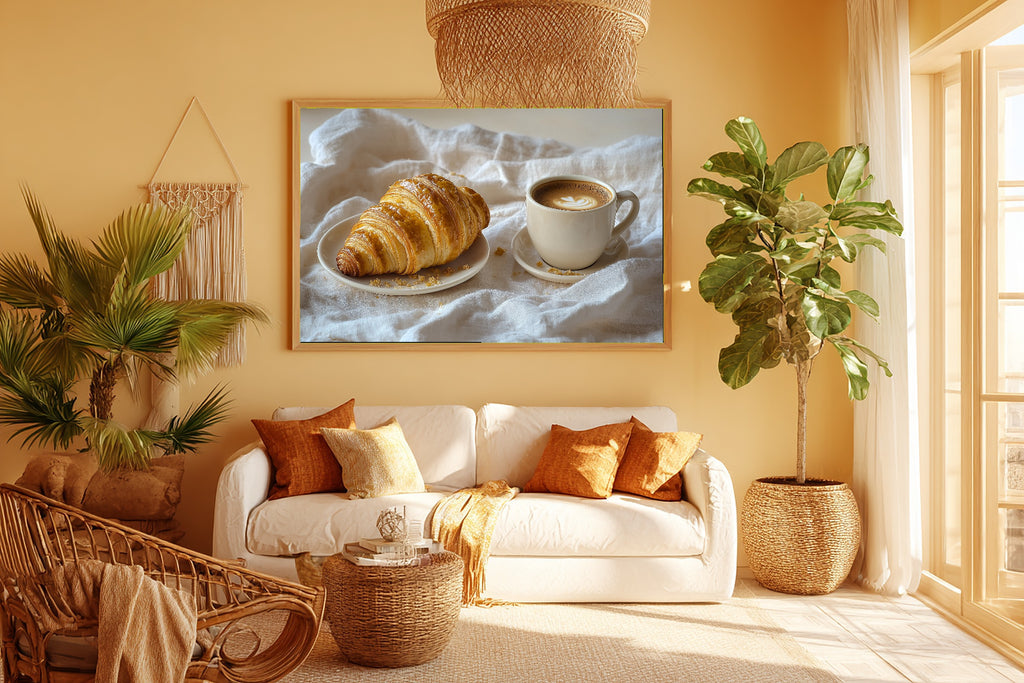 Fresh Croissant Cream Saucer Fine Art Canvas, Soft Painterly Print, Warm Soulful Tones Artwork, Meaningful Gift for Art Lovers — fresh-croissant-cream-saucer-room-5-wall-art.jpg