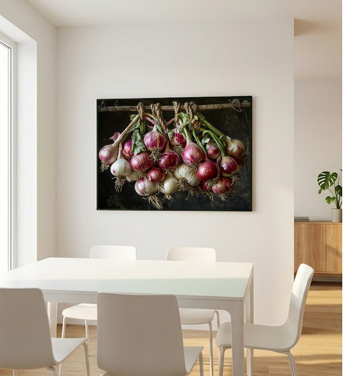 Garlic Onion Braid Canvas Wall Art | Dutch Master Kitchen Print, Farmhouse Foodie Decor, Stretched Canvas — garlic-onion-braid-still-bedroom-wall-art.jpg