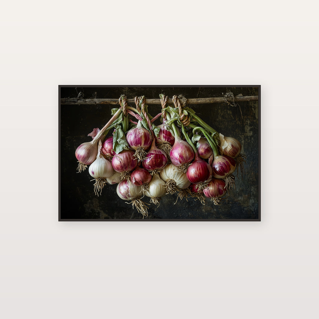 Garlic Onion Braid Canvas Wall Art | Dutch Master Kitchen Print, Farmhouse Foodie Decor, Stretched Canvas — garlic-onion-braid-still-canvas-print.jpg