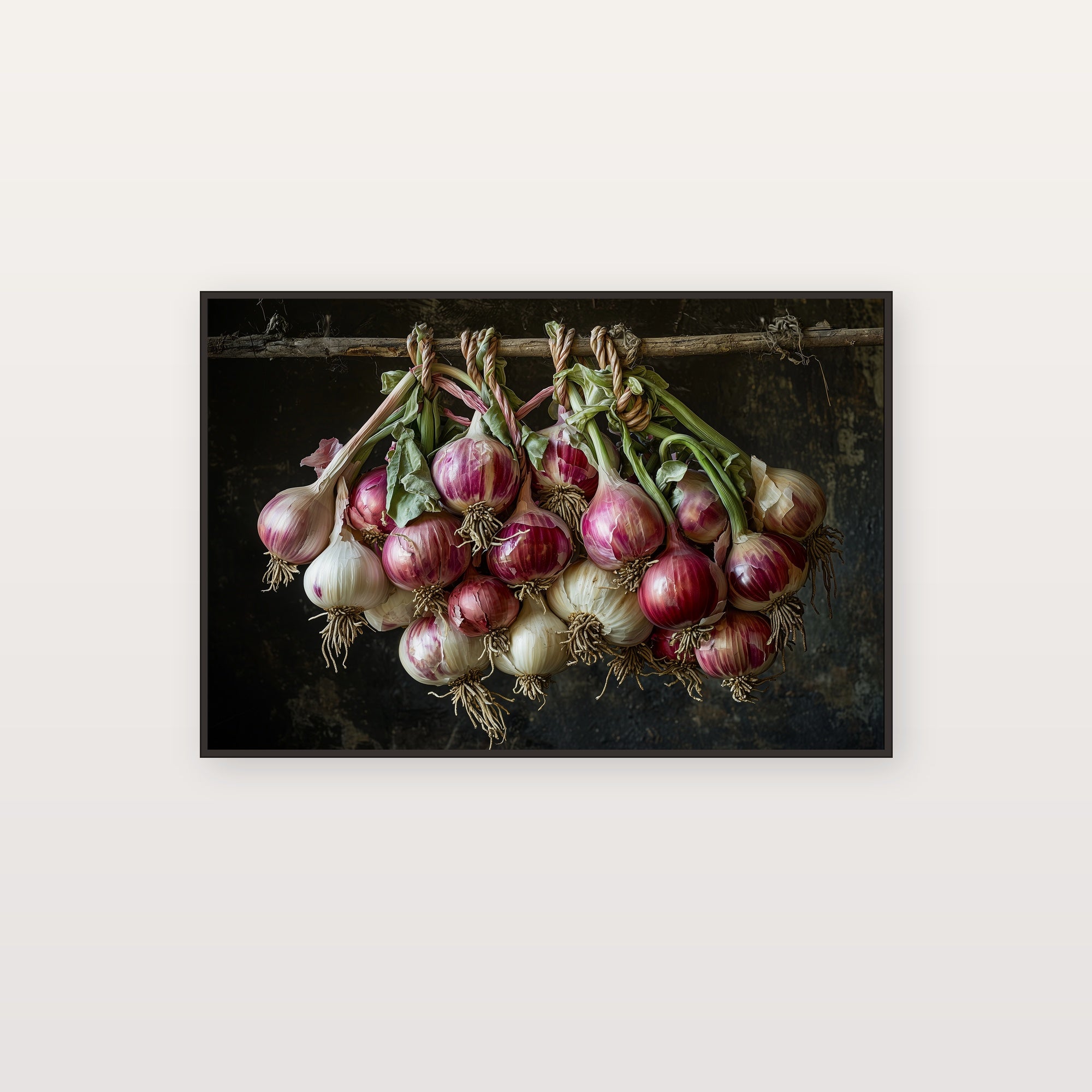 Garlic Onion Braid Canvas Wall Art | Dutch Master Kitchen Print, Farmhouse Foodie Decor, Stretched Canvas — garlic-onion-braid-still-canvas-print.jpg