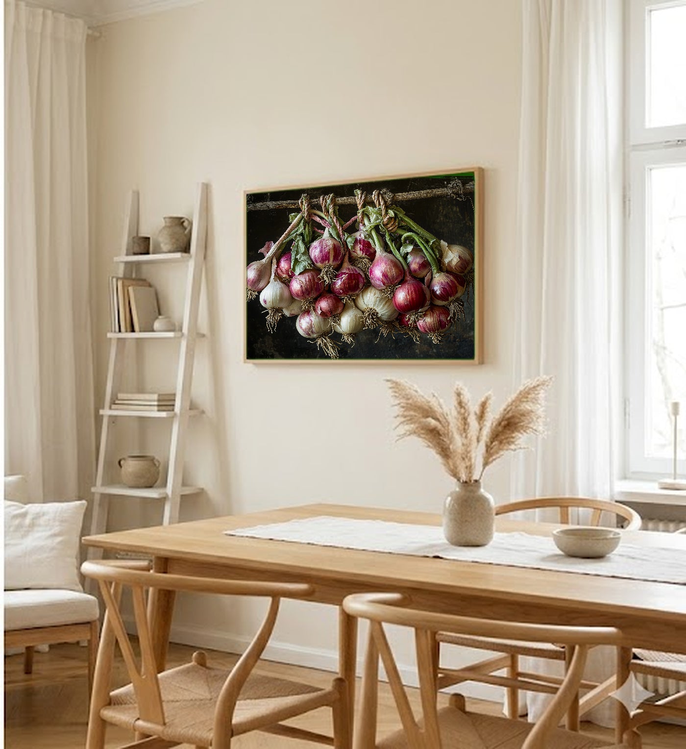 Garlic Onion Braid Canvas Wall Art | Dutch Master Kitchen Print, Farmhouse Foodie Decor, Stretched Canvas — garlic-onion-braid-still-dining-room-wall-art.jpg