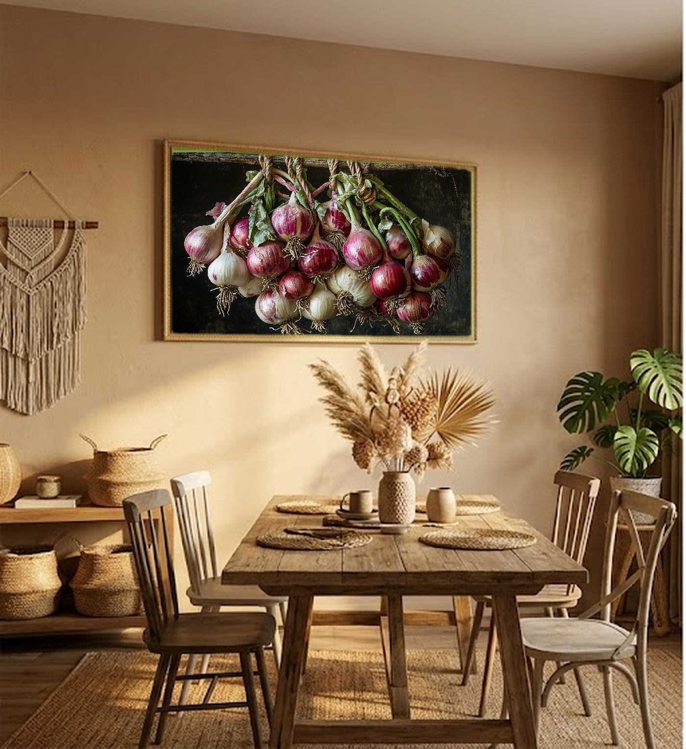 Garlic Onion Braid Canvas Wall Art | Dutch Master Kitchen Print, Farmhouse Foodie Decor, Stretched Canvas — garlic-onion-braid-still-hallway-wall-art.jpg