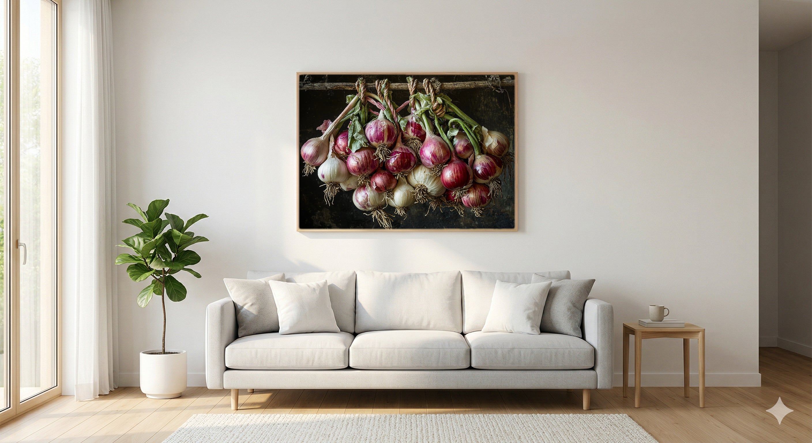 Garlic Onion Braid Canvas Wall Art | Dutch Master Kitchen Print, Farmhouse Foodie Decor, Stretched Canvas — garlic-onion-braid-still-living-room-wall-art.jpg