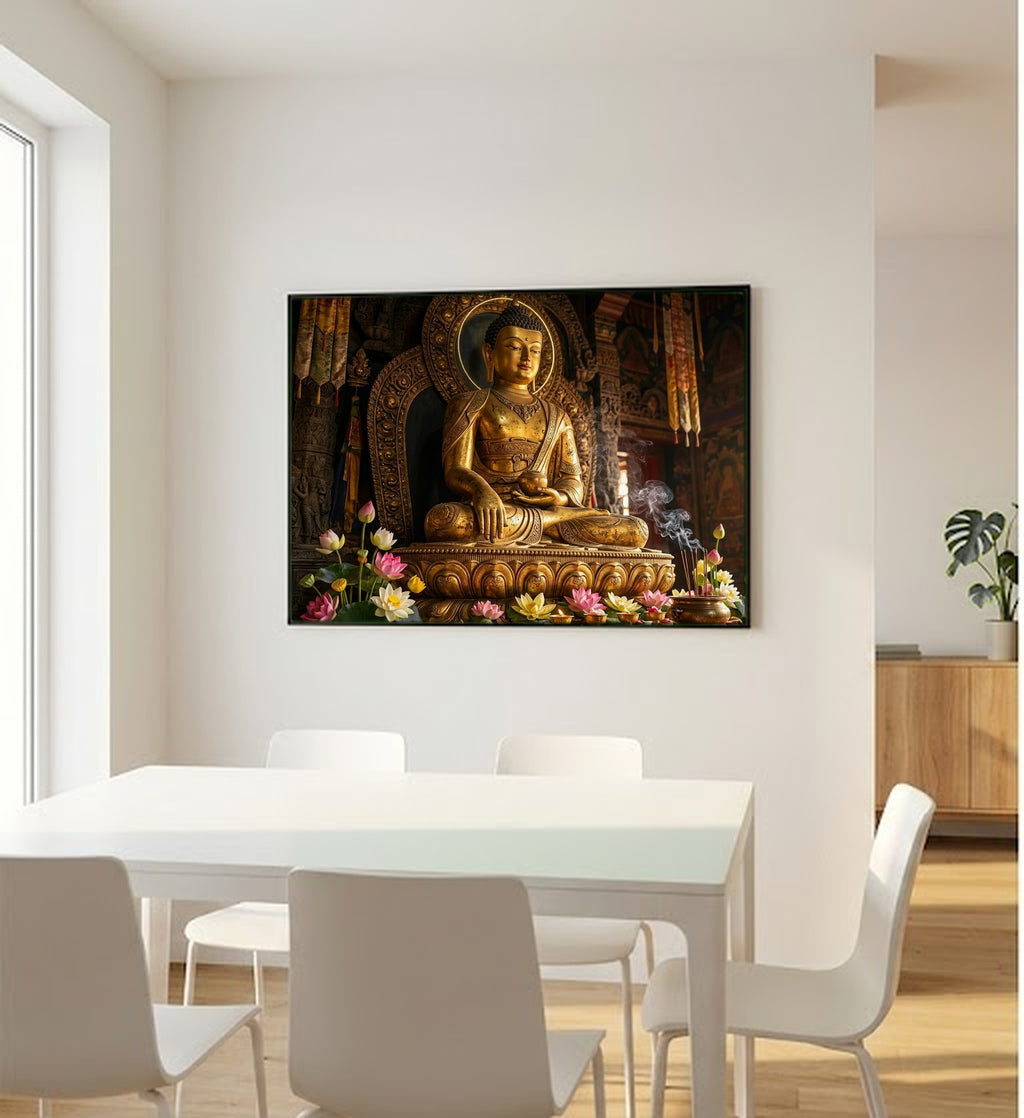 Golden Buddha Canvas Wall Art - Meditation Print, Buddhist Decor, Zen Spiritual Art, Stretched Canvas — bedroom