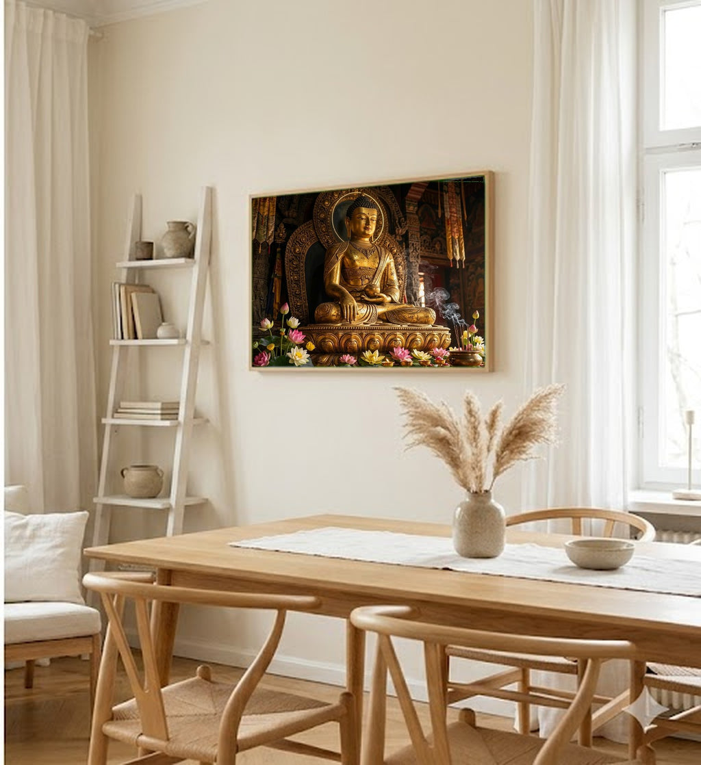 Golden Buddha Canvas Wall Art - Meditation Print, Buddhist Decor, Zen Spiritual Art, Stretched Canvas — dining room