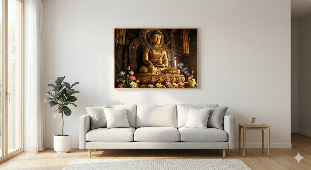 Golden Buddha Canvas Wall Art - Meditation Print, Buddhist Decor, Zen Spiritual Art, Stretched Canvas — living room
