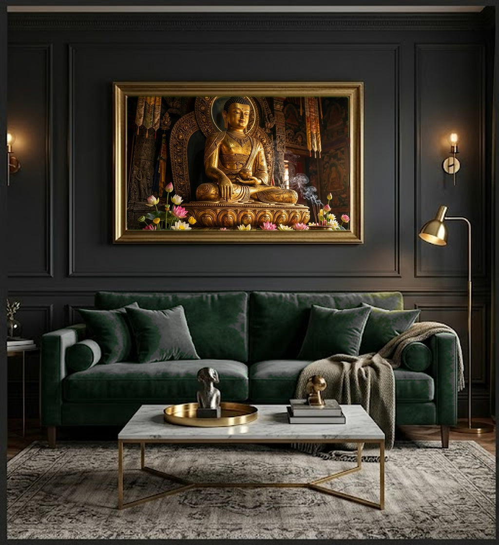 Golden Buddha Canvas Wall Art - Meditation Print, Buddhist Decor, Zen Spiritual Art, Stretched Canvas — office