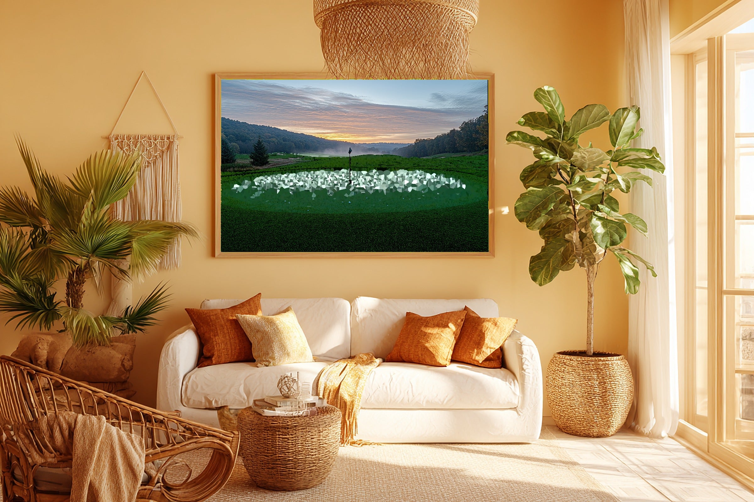 Soft Painterly Golf Course Sunrise Art Print — Warm Decor for the Living Room, Stretched Canvas the Art Lover in Your Life Will Love — golf-course-sunrise-room-5-wall-art.jpg