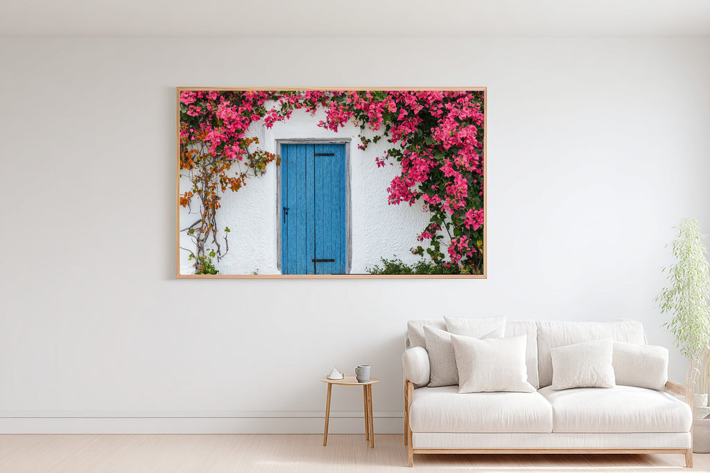 Greek Blue Door Bougainvillea Print on Stretched Canvas — Soulful Dreamy Tropical for the Sunroom, Gift for the Island-Loving Friend — greek-blue-door-bougainvillea-bedroom-wall-art.jpg