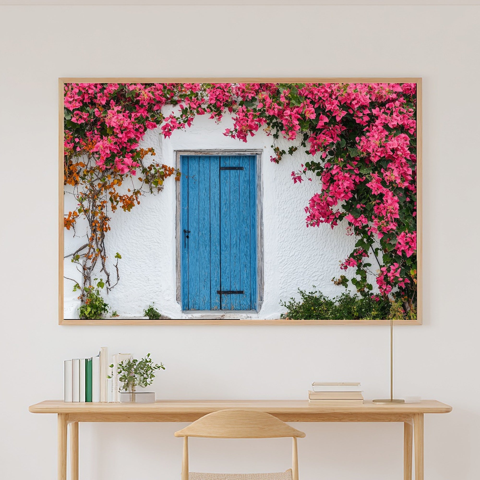 Greek Blue Door Bougainvillea Print on Stretched Canvas — Soulful Dreamy Tropical for the Sunroom, Gift for the Island-Loving Friend — greek-blue-door-bougainvillea-canvas-print.jpg