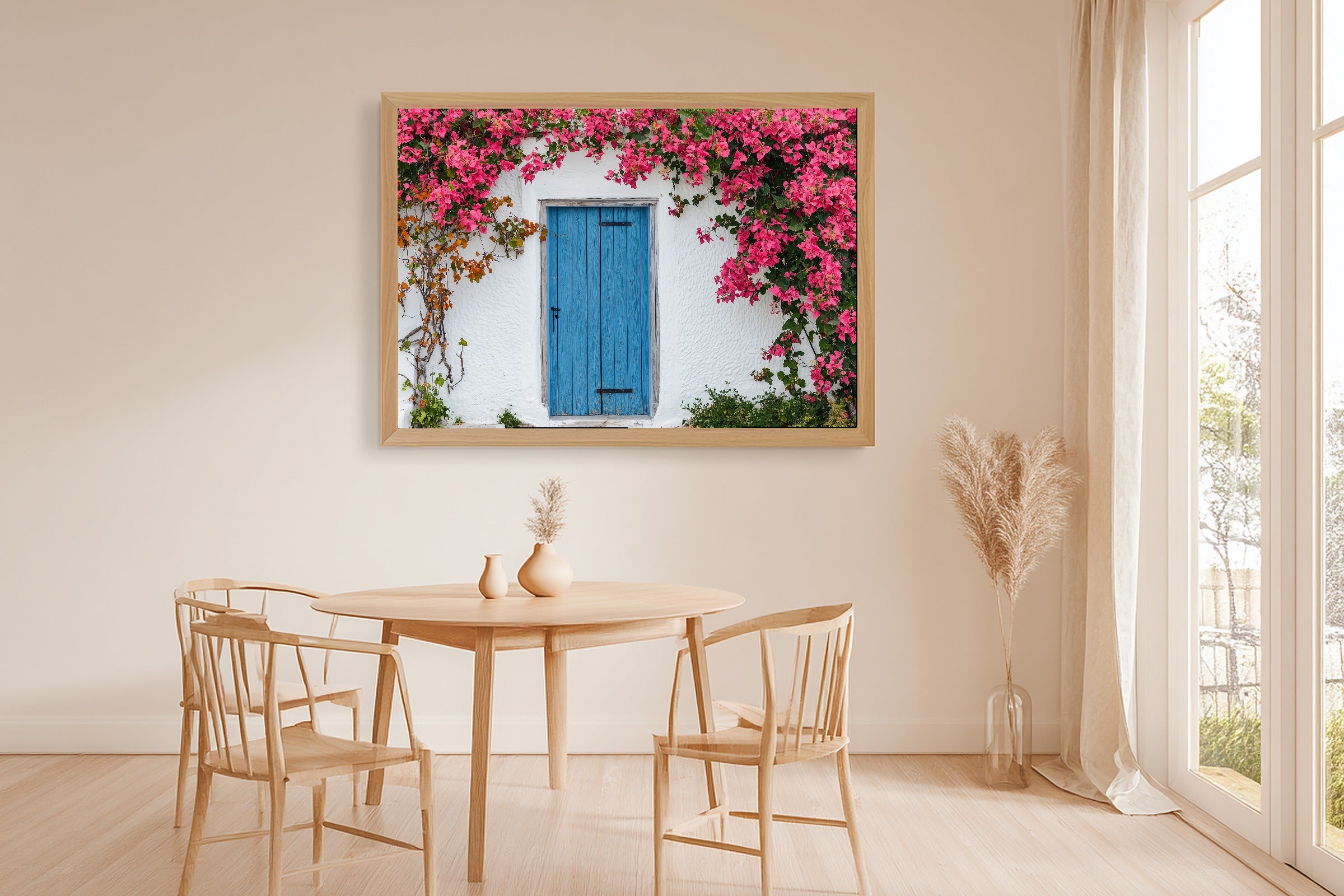 Greek Blue Door Bougainvillea Print on Stretched Canvas — Soulful Dreamy Tropical for the Sunroom, Gift for the Island-Loving Friend — greek-blue-door-bougainvillea-dining-room-wall-art.jpg