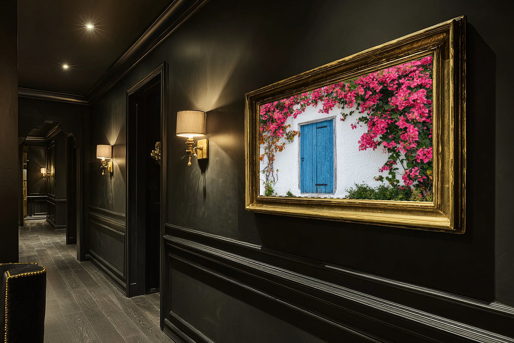 Greek Blue Door Bougainvillea Print on Stretched Canvas — Soulful Dreamy Tropical for the Sunroom, Gift for the Island-Loving Friend — greek-blue-door-bougainvillea-hallway-wall-art.jpg