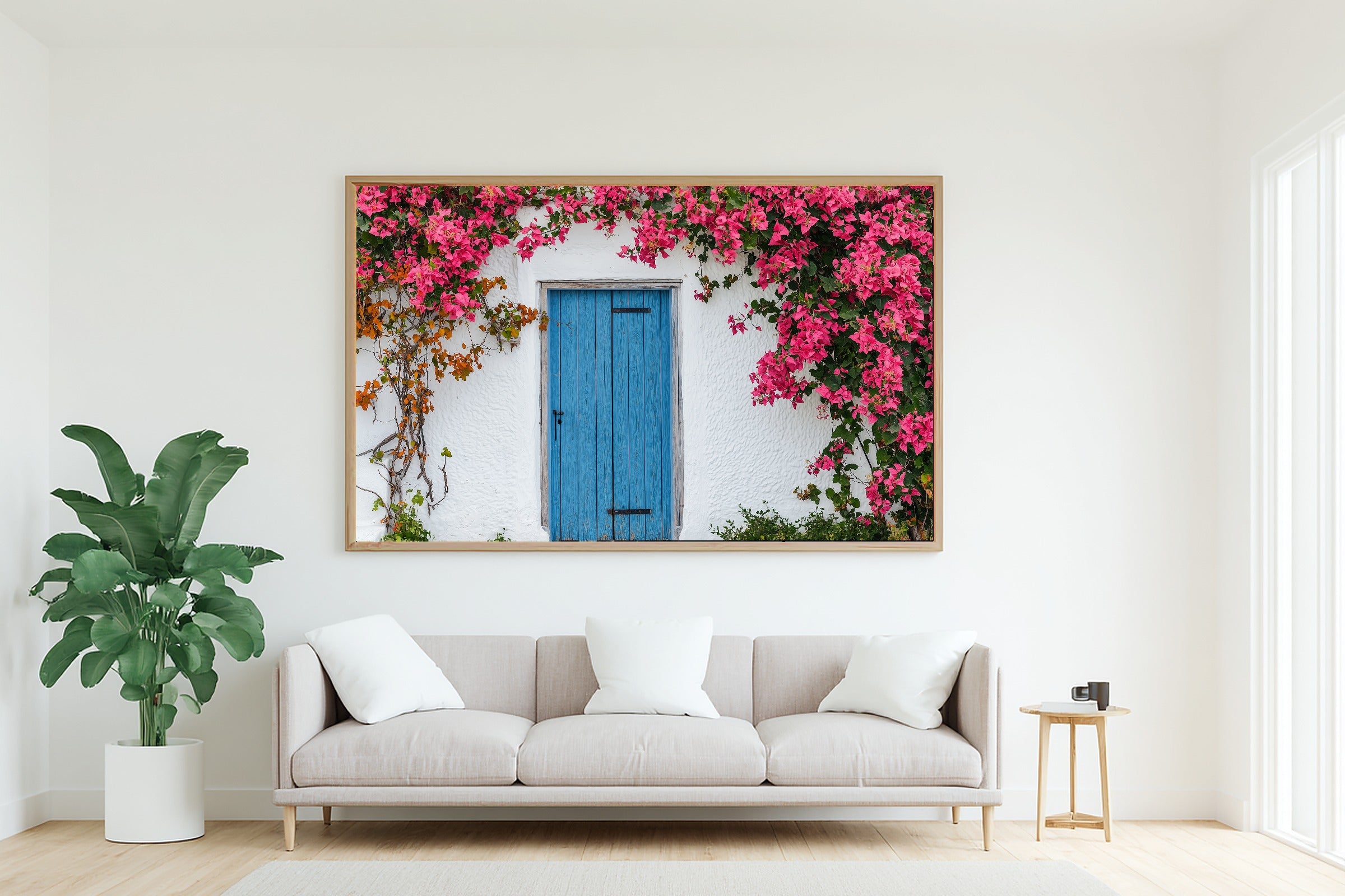 Greek Blue Door Bougainvillea Print on Stretched Canvas — Soulful Dreamy Tropical for the Sunroom, Gift for the Island-Loving Friend — greek-blue-door-bougainvillea-living-room-wall-art.jpg