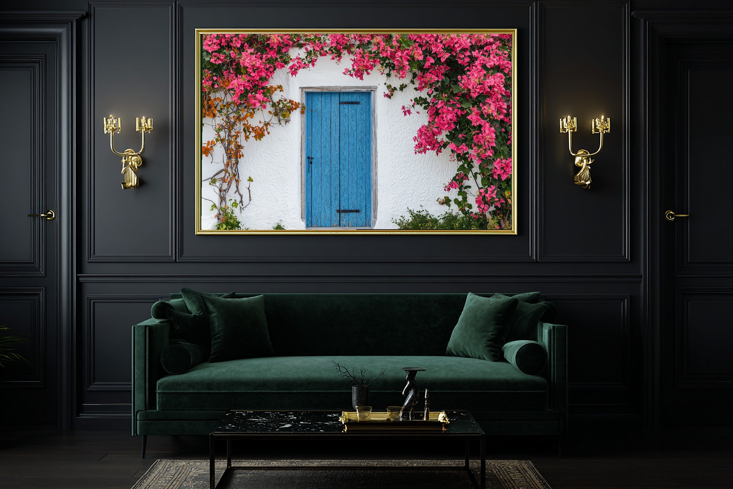 Greek Blue Door Bougainvillea Print on Stretched Canvas — Soulful Dreamy Tropical for the Sunroom, Gift for the Island-Loving Friend — greek-blue-door-bougainvillea-office-wall-art.jpg