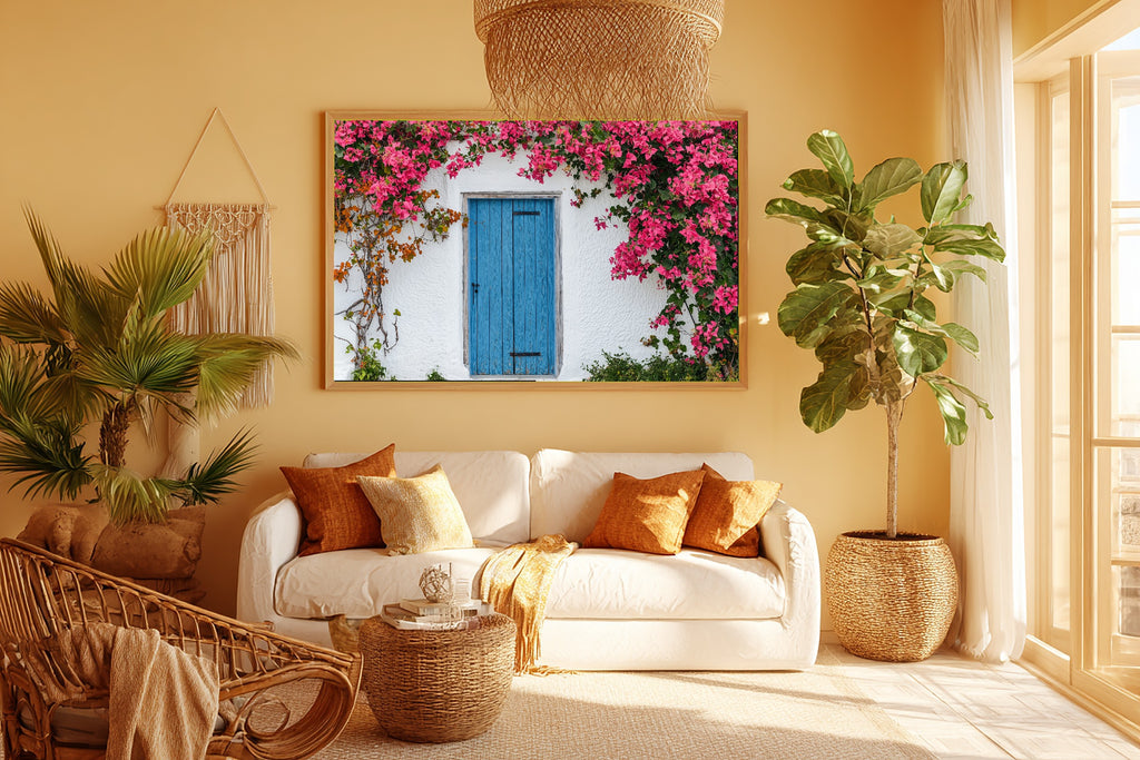 Greek Blue Door Bougainvillea Print on Stretched Canvas — Soulful Dreamy Tropical for the Sunroom, Gift for the Island-Loving Friend — greek-blue-door-bougainvillea-room-5-wall-art.jpg