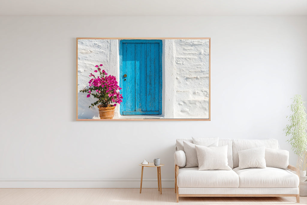 Greek Cyclades Blue Door Print on Stretched Canvas — Cozy Sunlit Mediterranean for the Dining Room, Gift for the Travel Lover You Adore — greek-cyclades-blue-door-bedroom-wall-art.jpg